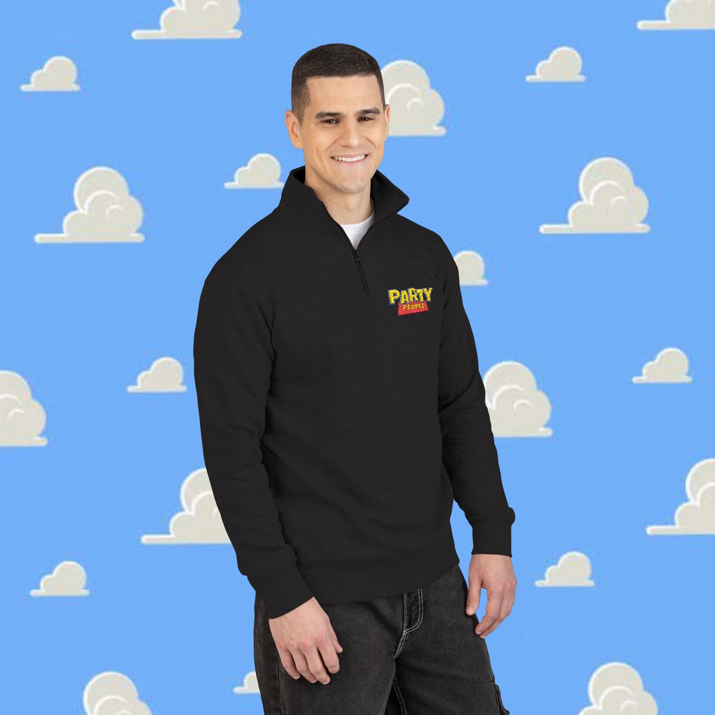 Cozy Embroidered Party People Fleece Pullover