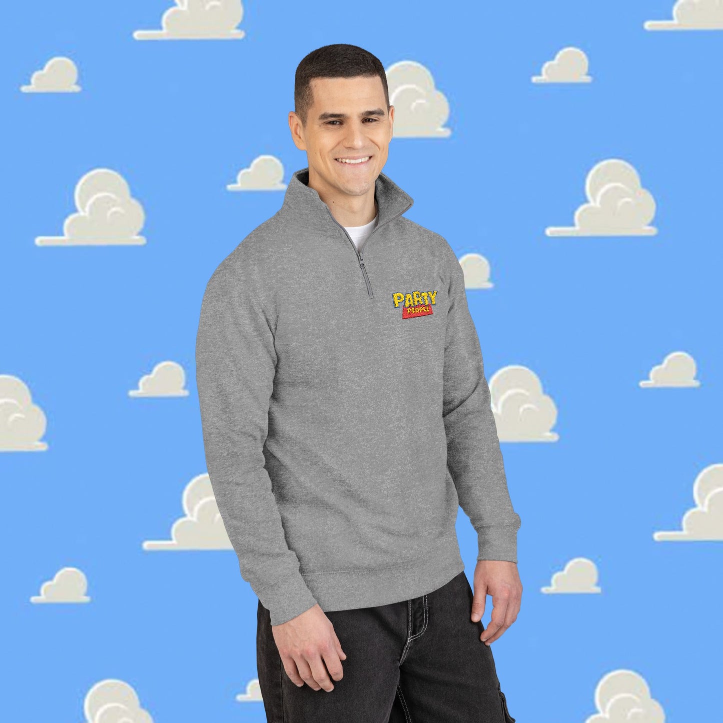 Cozy Embroidered Party People Fleece Pullover
